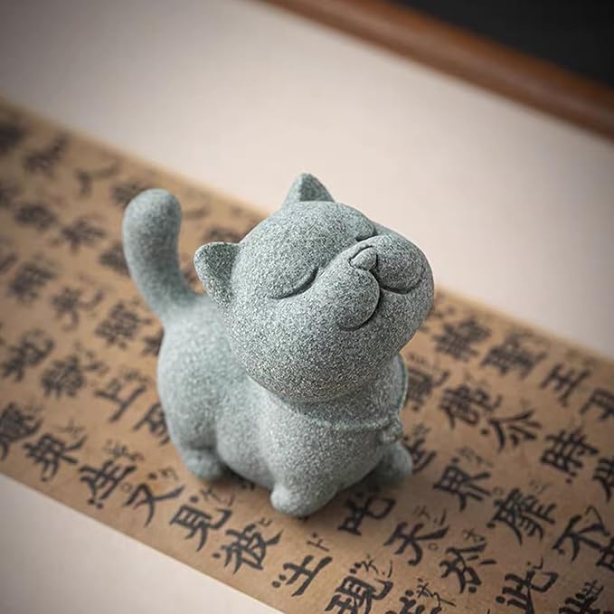 Exquisite Sandstone Warrior Cat Incense Holder (2.16”*2.36”) with Free Fishing Rod and Fish, Plus Bamboo Mat Cushion (7.28”*3.34”) (Sassy Cat) - Bloomnest