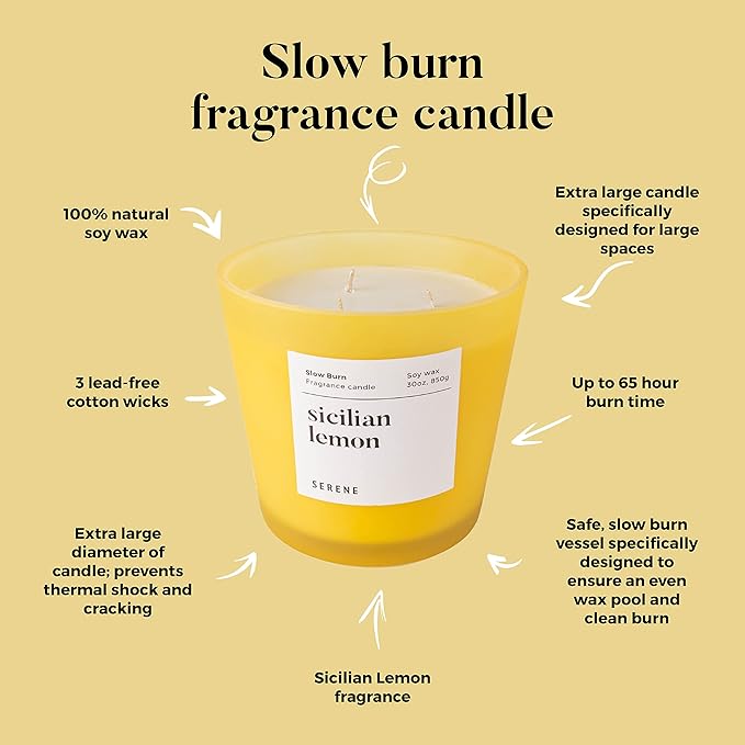 Hidden Label Large Scented Candle, Sicilian Lemon, 30oz 3 Wick Huge Candle, Serene Collection Slow Burn Natural Soy Candles for Home Scented - Bloomnest