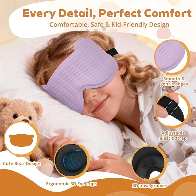 3D Kids Sleep Mask – Cute Bear Eye Mask for Sleeping, Comfortable Memory Foam Sleep Mask for Kids, Adjustable Strap and Lightweight Sleeping Mask for Boys Girls Teens Ages 5-15 (Purple) - Bloomnest