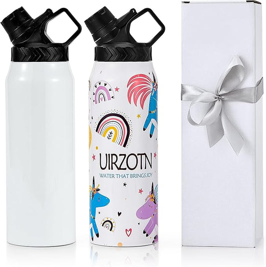 2 Pack 32 OZ Sublimation Water Bottle Blanks in Bulk, Stainless Steel Insulated Sports Tumbler Cups with Polymer Coating for Heat Transfer, with Lid, Coaster, Keepsake Box, Sublimation Paper - Bloomnest