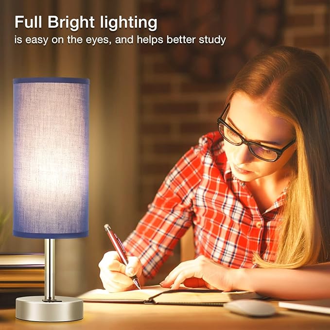 Navy Blue Touch Lamp for Boys - Small Nightstand Lamp with USB-C and USB Charging Ports, 3 Way Dimmable Bedside Table Lamp with Fabric Shade Silver Base for Nursery, Dorm, Office, Reading - Bloomnest