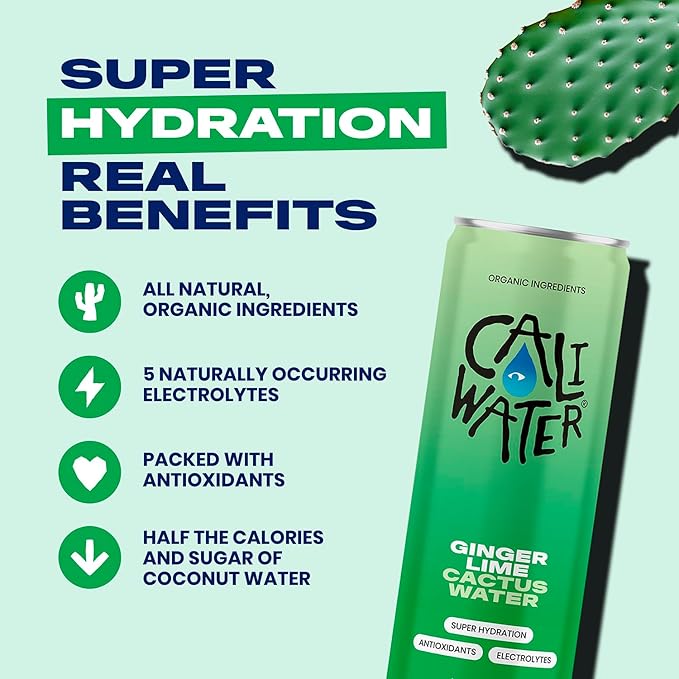 Caliwater - Organic Cactus Water - Ginger and Lime - 5g Sugar, 25 Calories - Coconut Water Alternative - Natural Plant Based Hydration - Skin Care, Electrolyte Drinks - Flavored Water - 12 Cans - Bloomnest