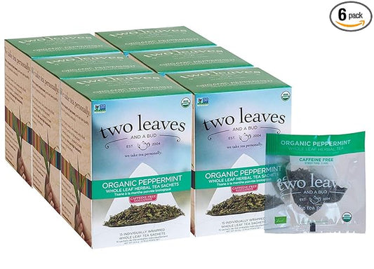 Two Leaves and a Bud Organic Peppermint Tea Bags, Naturally Caffeine Free, Herbal Whole Leaf Peppermint Tea, 15 Count (Pack of 6) - Bloomnest
