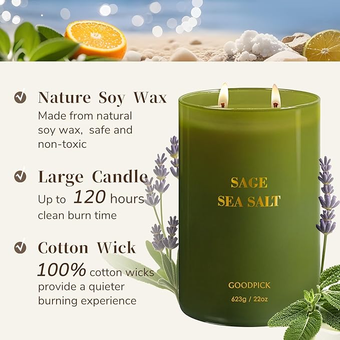 Goodpick Scented Candles, Sea Salt Sage for Cleansing House, Father's Day, Soy Candle for Women, 22oz Large Long-Lasting - Bloomnest