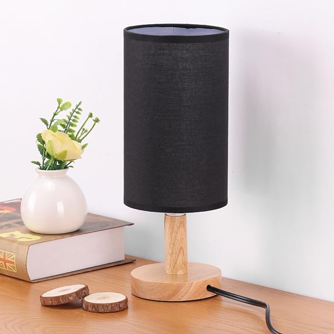 Black Small Bedside Table Lamp for Bedroom,Natural Round Wood Base&Fabric Linen Shade,Cozy Night Table Light for Study Reading,Minimalist Boho Desk Lamp for Nightstand,Living Room,Nursery,Kitchen,Dorm - Bloomnest