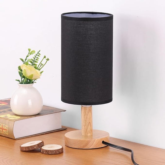 Black Small Bedside Table Lamp for Bedroom,Natural Round Wood Base&Fabric Linen Shade,Cozy Night Table Light for Study Reading,Minimalist Boho Desk Lamp for Nightstand,Living Room,Nursery,Kitchen,Dorm - Bloomnest