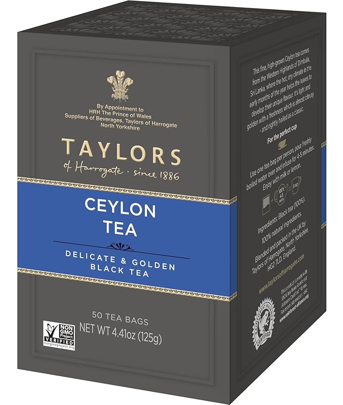 Taylors of Harrogate Pure Ceylon, Black Tea, Pillow Bags, 50 Count (Pack of 1), Bold, Bright & Brisk, Caffeinated, Enjoy Hot or Iced, 50 Teabags - Bloomnest