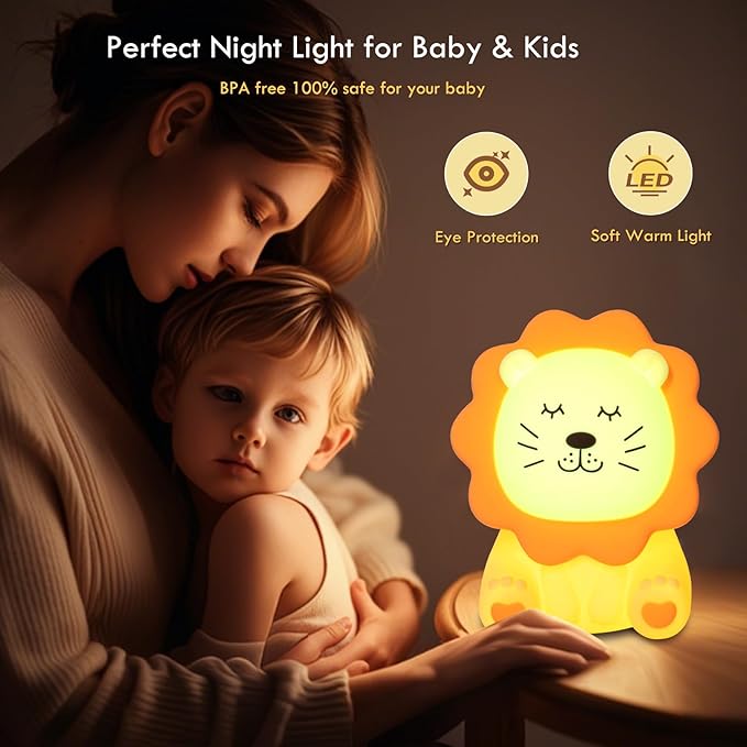 Night Light for Kids, 7 Colors Soft Silicone Kids Night Light with 3 Level Dimmable, Rechargeable Anti-glare Nursery Night Light with Warm White & Multicolor, Squishy Cute Lion Bedside Touch Lamp - Bloomnest
