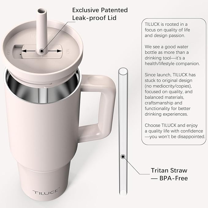 TILUCK 40 oz Tumbler with Handle, Vacuum Insulated Stainless Steel Travel Mug with 100% Leak-Proof Silicone Straw Lid, Cupholder Friendly Water Bottle(SakuraPink, 40oz) - Bloomnest