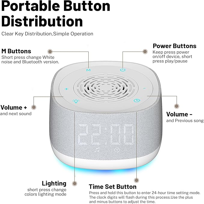 Sound Machine & Clock with Bluetooth 5.4, 14 Soothing White Noise Sounds, Night Light, Sleep Timer, 1000mAh Portable Rechargeable Sound Machine for Adults, Home, Travel, Office (White, Standard Size) - Bloomnest