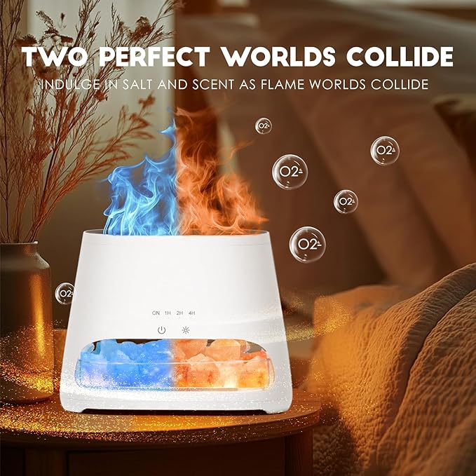 SALKING Colorful Flame Fire Diffuser Humidifier, Himalayan Salt Lamp, 7 Colors Changing Oil Diffuser, Ultra-Quiet Essential Oils Aromatherapy Diffusers for Large Room, Bedroom,150ml (White)