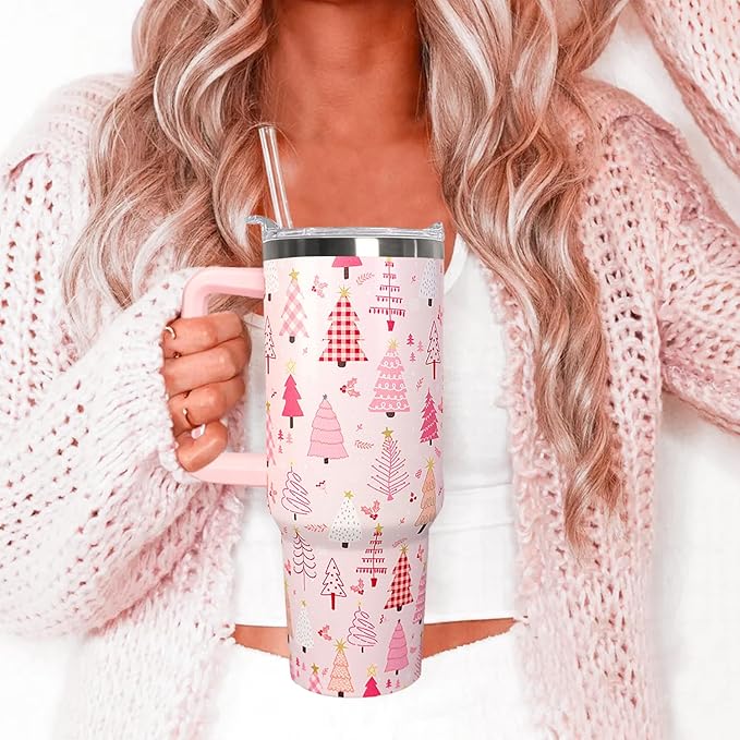 Ceovfoi 40 Oz Pink Christmas Tree Tumbler With Handle,Christmas Tree Coffee Travel Mug Cup,Christmas Decor,Christmas Gifts for Women - Bloomnest