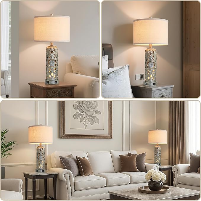 25'' Set of 2 Industrial Table Lamps for Living Room with Dual USB Ports, Vintage Resin Nightstand Lamp for Bedroom with Nightlight, Antique Rustic Desk Lamp for Entryway, 2 Bulbs Included - Bloomnest