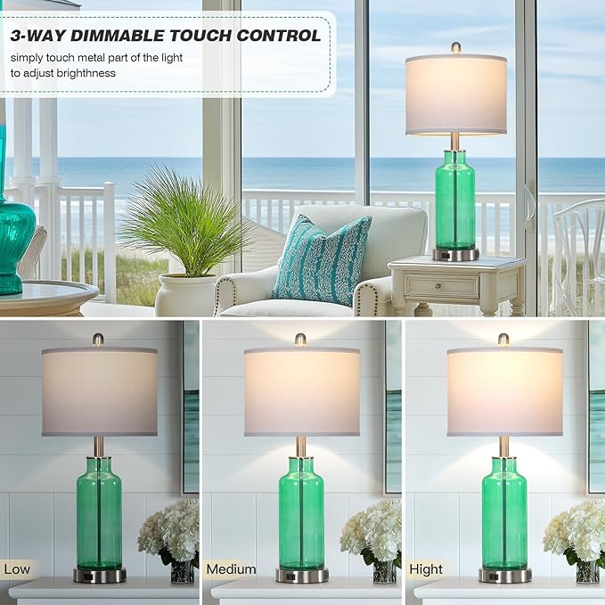 26.5" Coastal Green Glass Table Lamps Set of 2, 3-Way Dimmable Touch Control Bedside Lamps with USB Ports and AC Outlet, Teal Nightstand Lamps for Bedroom Living Room - Bloomnest