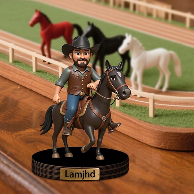 Custom Horse Equestrian Photo Cartoon Style Desk Decor with Wooden Base, Personalzied Horse Lover Cartoon Photo Picture Portrait Sculpture Frame Acrylic Sign Plaque Gifts for Women Men - Bloomnest