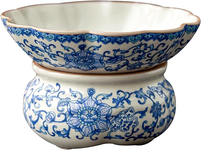 Ceramic Tea Infuser Strainers with Support Holder Saucer - Blue and White Porcelain Entangled Lotus Floral Pattern, Fine Mesh Loose Leaf Tea Colander Filter Kungfu Tea Ceremony Utensils