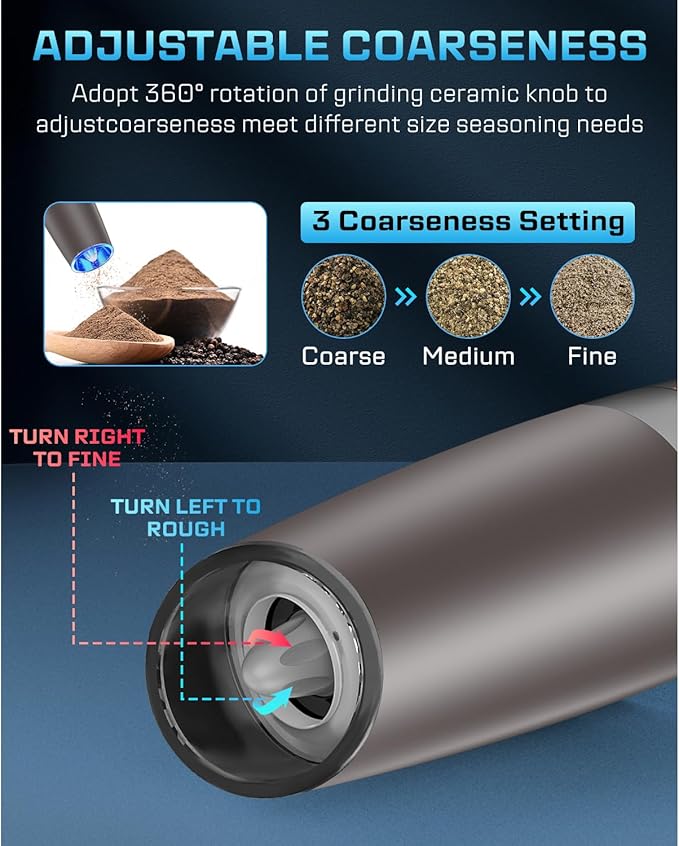 XinXu Gravity Electric Pepper and Salt Grinder Set, Adjustable Coarseness, with LED Light, One Hand Automatic Operation (Set/Brown X) - Bloomnest