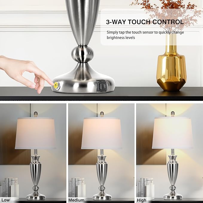 27" Silver Table Lamps for Living Room Single, 3 Way Touch Control Bedside Lamps with USB A+C Ports, Modern Brushed Nickel Bedroom Lamp, Metal Tall Lamp for Nightstand Desk Side Table Office - Bloomnest