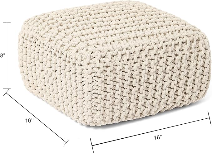 REDEARTH · Cube Low Pouf Foot Stool Ottoman - Hand Knitted Poof - Cord Boho Pouffe - Home Décor - Stuffed Footrest for Living Room - Nursery - Bedroom - Covered Patio - Room (16" x 16" x 8") - Ivory - Bloomnest