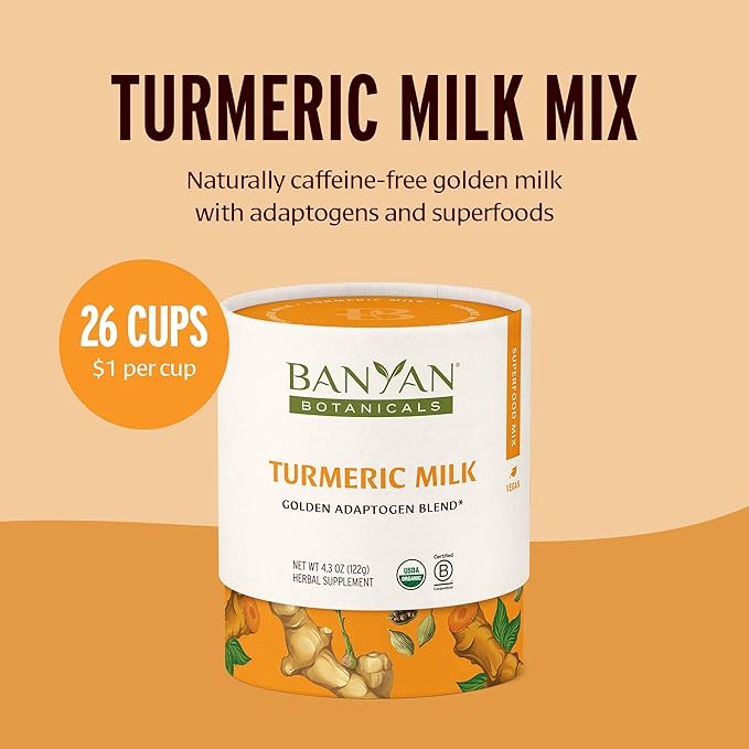 Banyan Botanicals Turmeric Milk – Organic Turmeric Latte Mix with Ashwagandha & Cardamom – Instant Caffeine Free Golden Milk with Maple Sugar – 4.3 oz, 26 servings –Non GMO Sustainably Sourced Vegan - Bloomnest