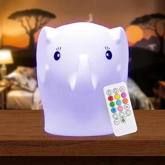 LumiPets Eggbert the Elephant Squishy Night Light for Kids | Silicone Nightlight with Tap, Remote Control | Rechargeable Color Changing Animal Light for Girls & Boys | Portable Mood Lamp With USB Cord - Bloomnest