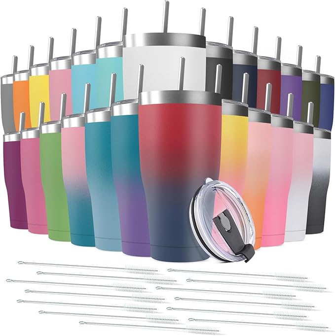 25 Pack 20oz Stainless Steel Tumblers Bulk Reusable Travel Mugs with Lid, Double Wall Powder Coated Coffe Cup for Home, Office, Outdoor Suitable for Vehicle Cup Holders - Bloomnest