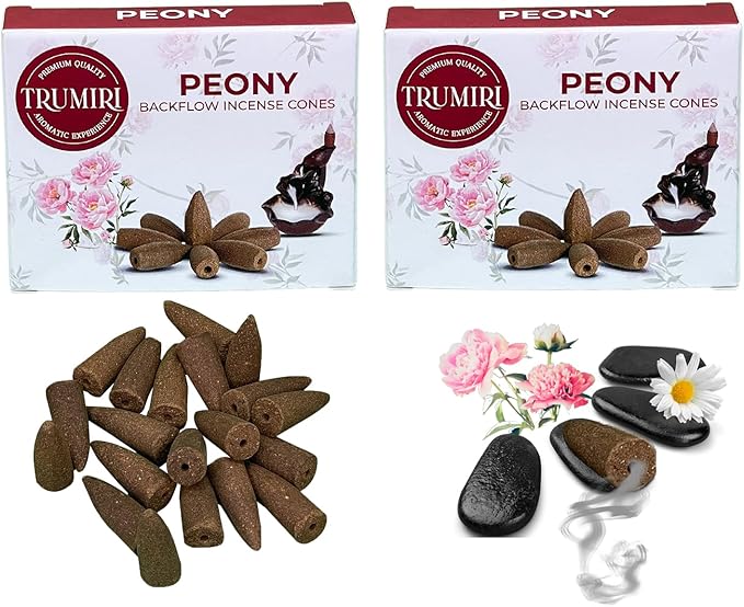 Peony Backflow Incense Cones - Total 20 Incense Cones Waterfall - Dual Pack of 10 Incense Backflow Cones - Waterfall Incense Cones - Incense Waterfall Cones TRUMIRI