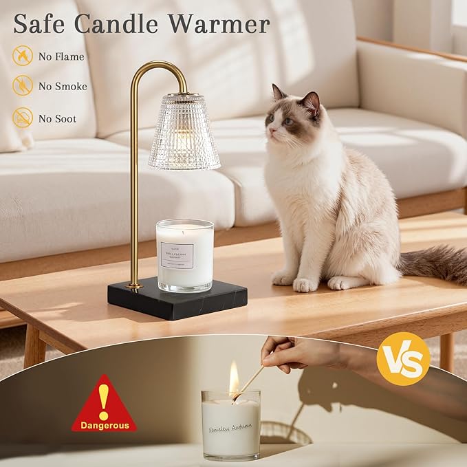 Hong-in Modern Gold Candle Warmer Lamp with Black Marble Base, Glass Shade Electric Candle Melter for Scented Candles, Stylish Home Kitchen Decor & Gift for Women
