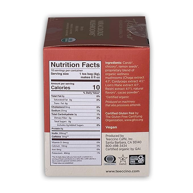 Teeccino Miraculous Mushrooms Adapt & Protect Herbal Tea By Teeccino, 10 Tea Bags - Five Organic Adaptogenic Mushrooms with Chicory & Cacao, 3x More Herbs than Regular Tea Bags, Caffeine Free, Prebiotic - Bloomnest
