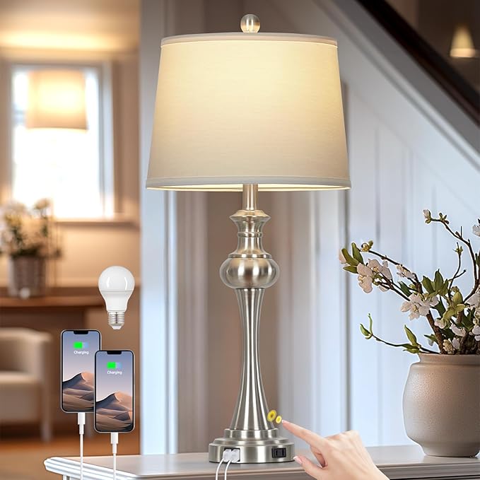 28.75" Silver Table Lamps for Living Room,3 Way Touch Control Table Lamp, Bedside Desk Lamp with Metal Base Modern Nightstand Lamp Simple Side Table Lamp for Bedroom,Office,LED Bulb Included - Bloomnest