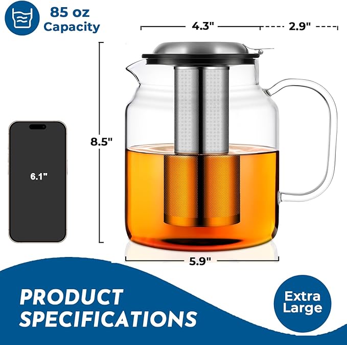 Aquach 85oz Glass Teapot with Stainless Steel Removable Infuser, Stovetop & Dishwasher Safe, Ideal for Brewing Loose Leaf & Blooming Tea - Bloomnest