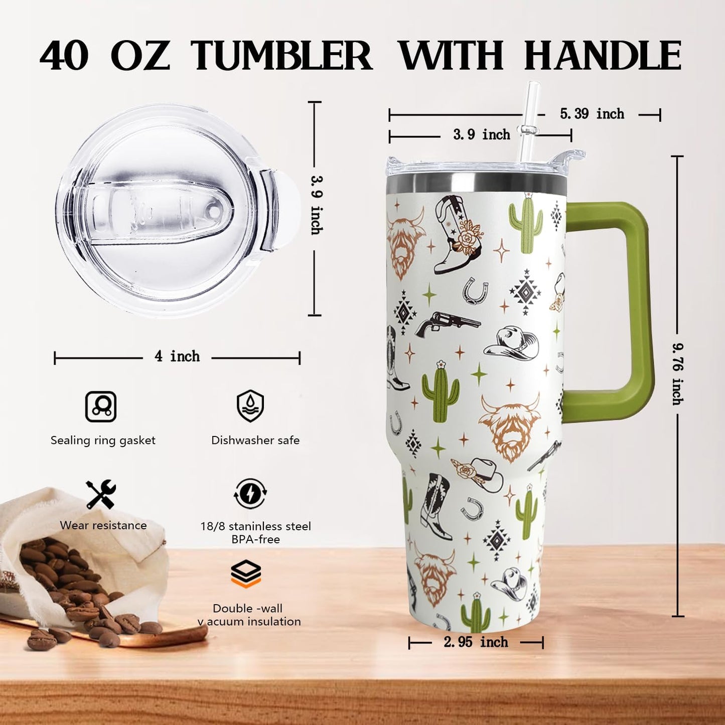 Ceovfoi 40 Oz Western Tumbler With Handle, Cow Skull Coffee Travel Mug Cup Water Bottle, Western Decor, Gifts for Women