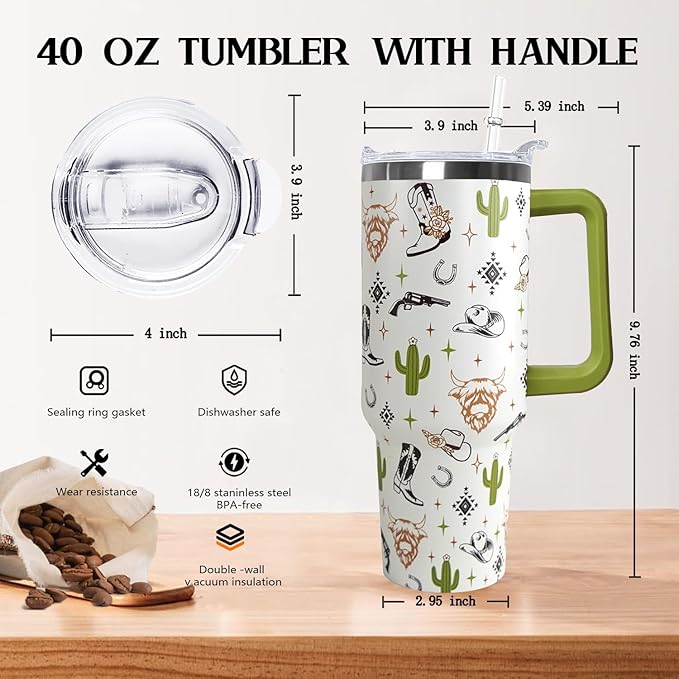 Ceovfoi 40 Oz Western Tumbler With Handle, Cow Skull Coffee Travel Mug Cup Water Bottle, Western Decor, Gifts for Women - Bloomnest