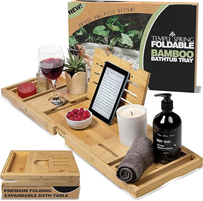 Temple Spring Foldable Bathtub Tray, Unique Design Selfcare Bathroom Caddy, Bamboo Spa Bathroom Tray, Wooden Bathtub Accessories, Wedding Gift/Birthday Gift/New Home Bath Table - Bloomnest