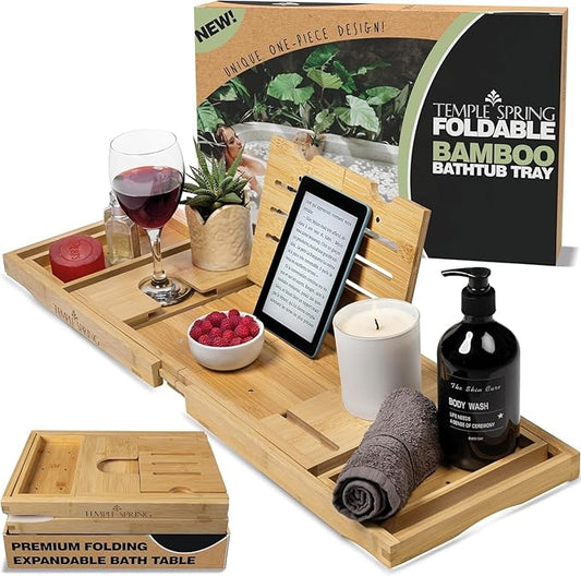 Temple Spring Foldable Bathtub Tray, Unique Design Selfcare Bathroom Caddy, Bamboo Spa Bathroom Tray, Wooden Bathtub Accessories, Wedding Gift/Birthday Gift/New Home Bath Table - Bloomnest
