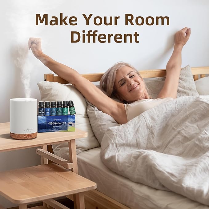 ASAKUKI Essential Oil Diffuser, Aromatherapy Cool Mist Home Humidifier with 7 LED Color Changing Light and Auto-Off Safety Switch, 6 Essential Oils Set, 300ml (Brown with Oils) - Bloomnest