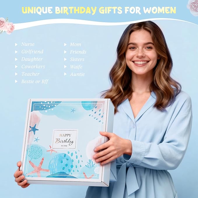 Birthday Gifts for Women, 13PCS Unique Happy Birthday Gifts Basket for Mom Her Best Friend Sister Wife Girlfriend Coworker Bestie, Luxury Self Care Box Relaxing Spa Gifts Set (Ocean) - Bloomnest