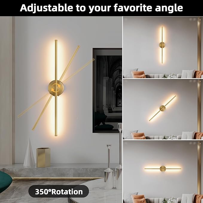 Wall Sconces Battery Operated Set of Two, Gold LED Wireless Wall Sconce with Remote Control 350° Rotate, 27.6 Inch Dimmable USB Rechargeable Wall Lights for Living Room Bedroom Hallway - Bloomnest