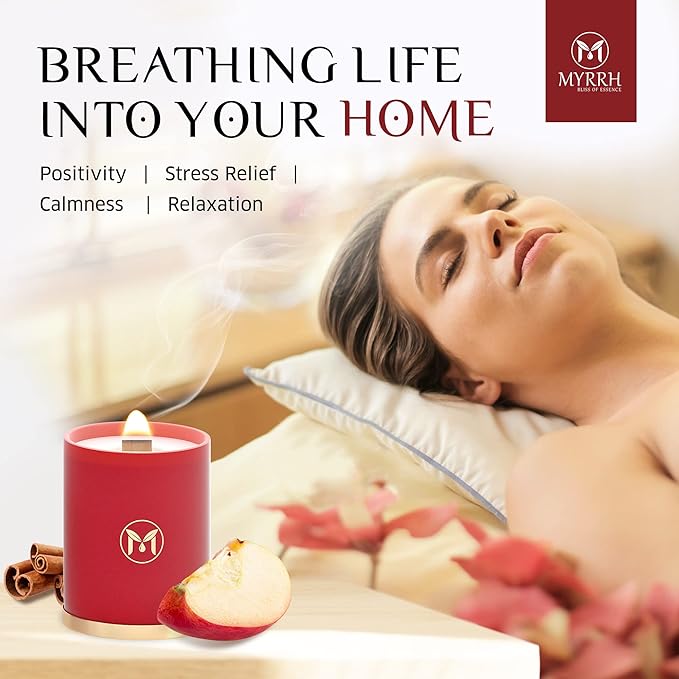 MyrrhUSA Apple Cinnamon Scented Candle – 15 oz Natural Soy Wax with Crackling Wooden Wick & Essential Oil | 80 Hour Burn | Luxury Aromatherapy Candle for Relaxation, Home Décor, Living Room & Bathroom - Bloomnest