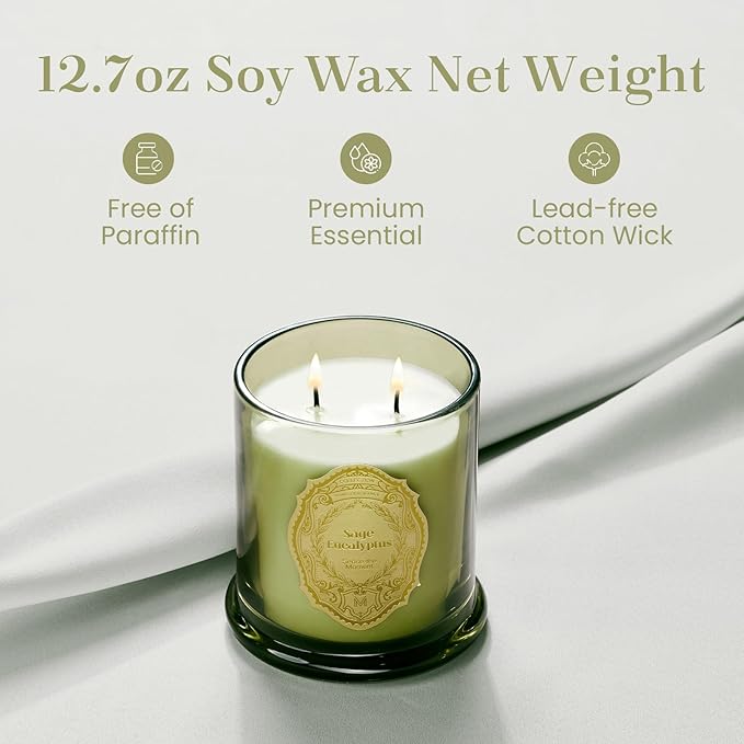M&SENSE Sage Eucalyptus Candles for Home Scented, 2 Wick 12.7oz Soy Wax Candles Non Toxic,70 Hours Long Burning,Luxury Candles Gift for Stress Relief, Meditation, Yoga - Bloomnest