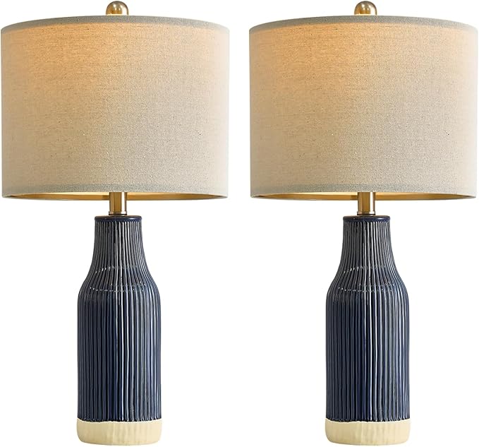 23.75" Modern Blue Ceramic Table Lamp Set of 2 for Living Room, Farmhouse Bedside Nightstand Lamp for Bedroom Home Office Dorm - Bloomnest