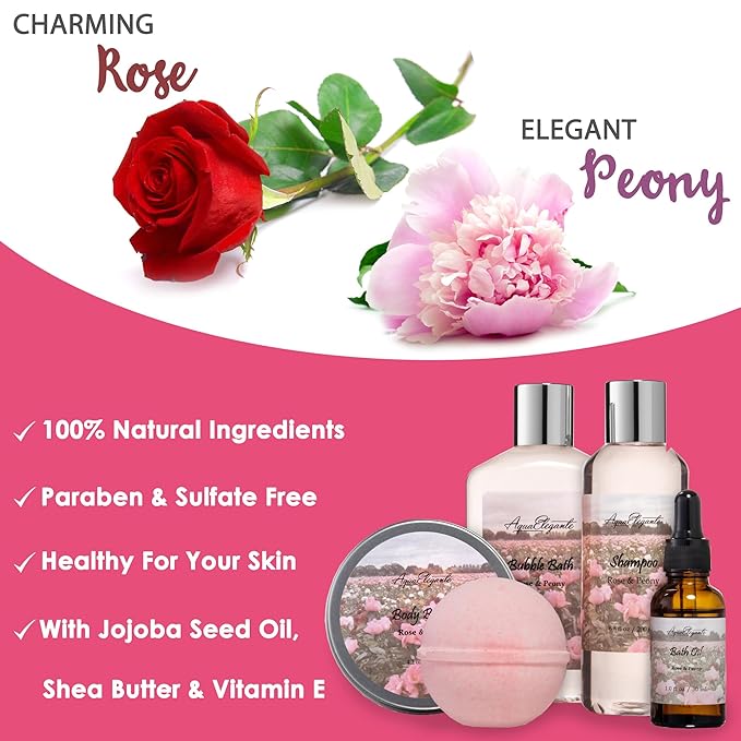 Bath Spa Gift Sets - Luxury Basket With Rose Oil & Peony - Spa Kit Includes Wash, Bubble Bath, Lotion, Bath Salts, Body Scrub, Body Spray, Shower Puff, Bathbombs, Soap and Towel - Bloomnest