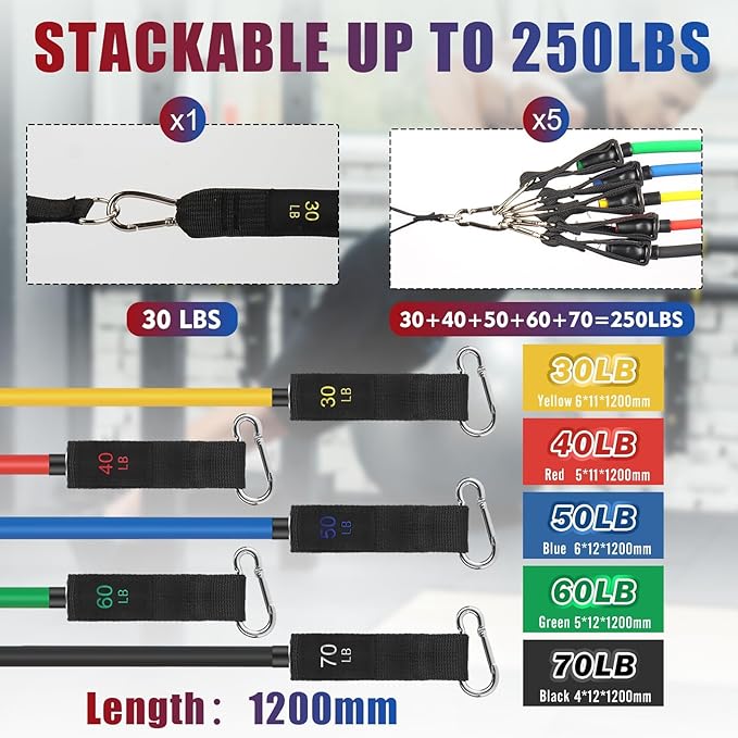 Exercise Resistance Bands with Handles for Working Out, 150/200/250/300 lbs Workout Bands Set with Door Anchor for Physical Therapy, Yoga, Pilates - Bloomnest
