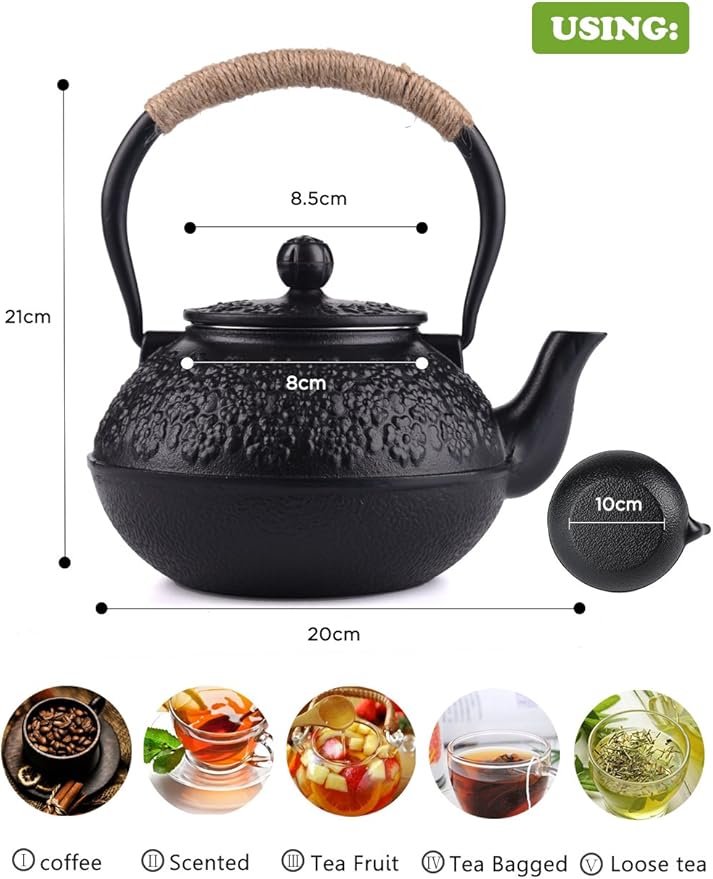 Sotya Cast Iron Teapot, 40oz/1200ml Japanese Tetsubin Tea Pot with Infuser for Loose Leaf and Tea Bags, Tea Kettle Coated with Enameled Interior for Stove Top, Black - Bloomnest