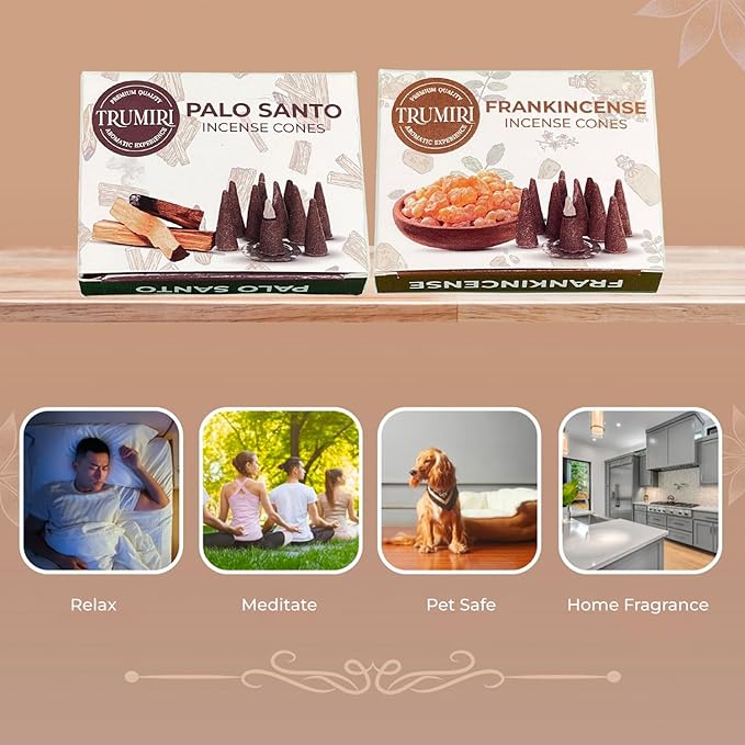 TRUMIRI Incense Cones - Combo Pack of 20 Cone Incense - 10 Frankincense + 10 Palo Santo - Insence Cones - Incense Cones Scented - Cone Incense Scents - Insense Cones - Incent Cone TRUMIRI