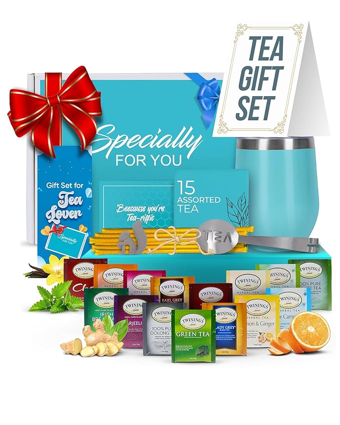 Modern Elegance Tea Tumbler Gift Set – Includes Tea Bag Holder, Spoon, Honey Straw, 15 Assorted Flavor Blends & Hot & Cold 12oz Insulated Tumbler – Ideal for Holiday Gift for Tea Lovers – Teal - Bloomnest