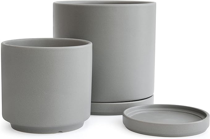 D'vine Dev 8 Inch & 10 Inch Ceramic Planter Pot for Plants with Drainage Hole and Saucer, Large Plant Pots Set, Grey, 94-G-L-3 - Bloomnest