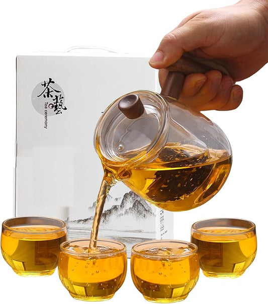 Tea Set with Teapot Traditional Travel Japanese/Chinese Gongfu Glass Tea Cut Sets of 4 for Adults,Women Gift,Tea Parties (Glass, Translucency)
