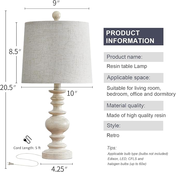 BOBOMOMO Tradition 20.5" Rustic Table Lamp Set of 2 for Living Room Farmhouse Bedside Desk Lamps Bedroom Nightstand Vintage Lamps Linen Washed（Suitable for Decorating Small Areas） - Bloomnest