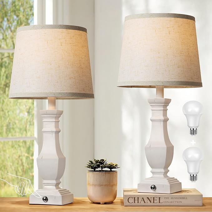 ROTTOGOON Dimmable Table Lamps Set of 2, Rustic Farmhouse Table Lamps for Living Room Bedroom, Bedside Desk Lamps for end Tables, Touch Lamps for nightstand, 9W Bulbs Included, 22", White - Bloomnest